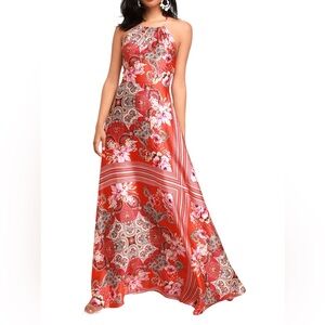 LULUS RED SCARF PRINT MAXI DRESS